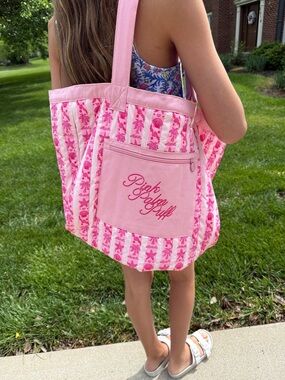 Pink Palm Puff Tote in Blush Bay, Reversible, Great for Beach Trips
